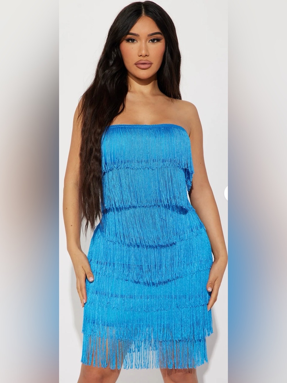 💙 Fashion Nova Jordyn Fringe Mini Strapless Dress – Blue Size Small